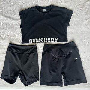 Gymshark Black Workout Bundle | 3-Piece Set | HW Shorts + Crop Tee | Size M